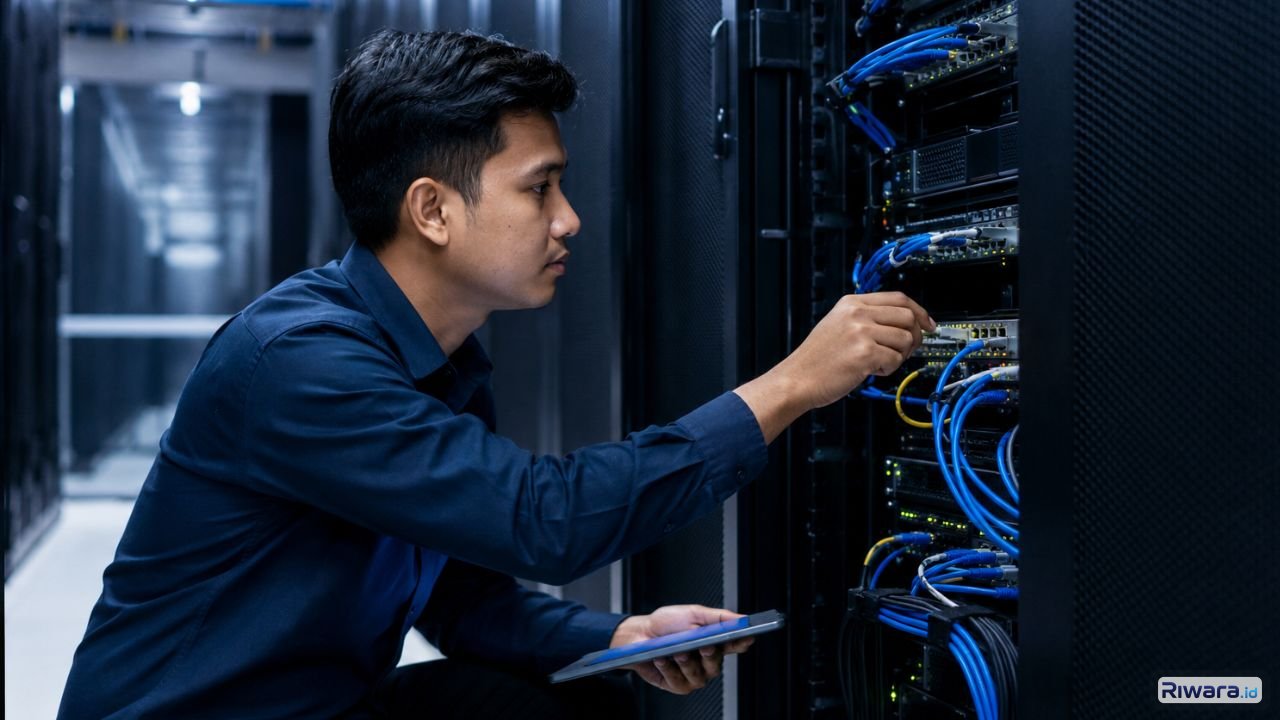 Ilustrasi teknisi memeriksa jaringan server internet Blueprint Komdigi menyebut ISP membutuhkan minimal sekitar 5000 pelanggan agar bisnis tetap sehat dan berkelanjutan